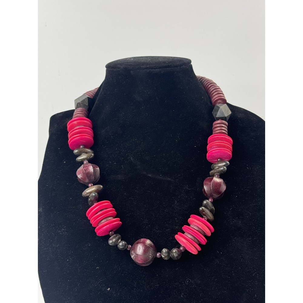Vintage Chunky Wood Bead Necklace Magenta Burgundy Bohemian Artisan Statement